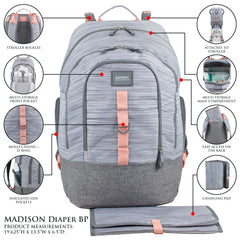 Large Capacity Madison Backpack Diaper Bag with Bonus Changing Pad