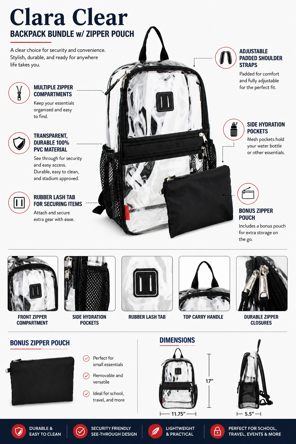 Clara Clear Backpack Bundle w/ Zipper Pouch