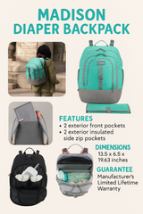 Large Capacity Madison Backpack Diaper Bag with Bonus Changing Pad