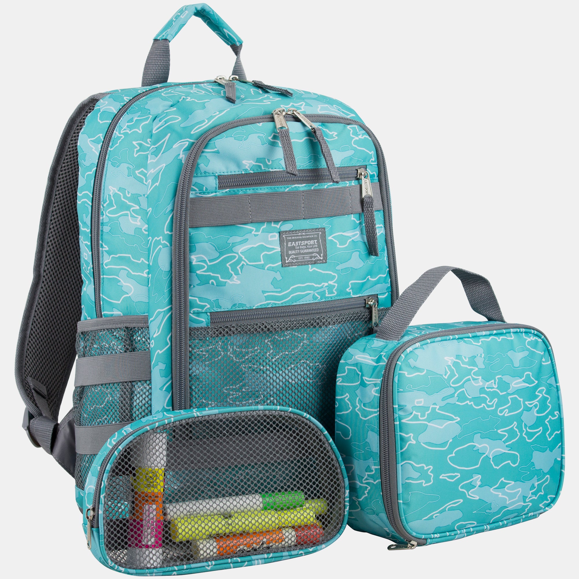 Compact 3-Piece Combo Backpack with Lunch Box and Snack/Pencil Pouch combo-bluecamo